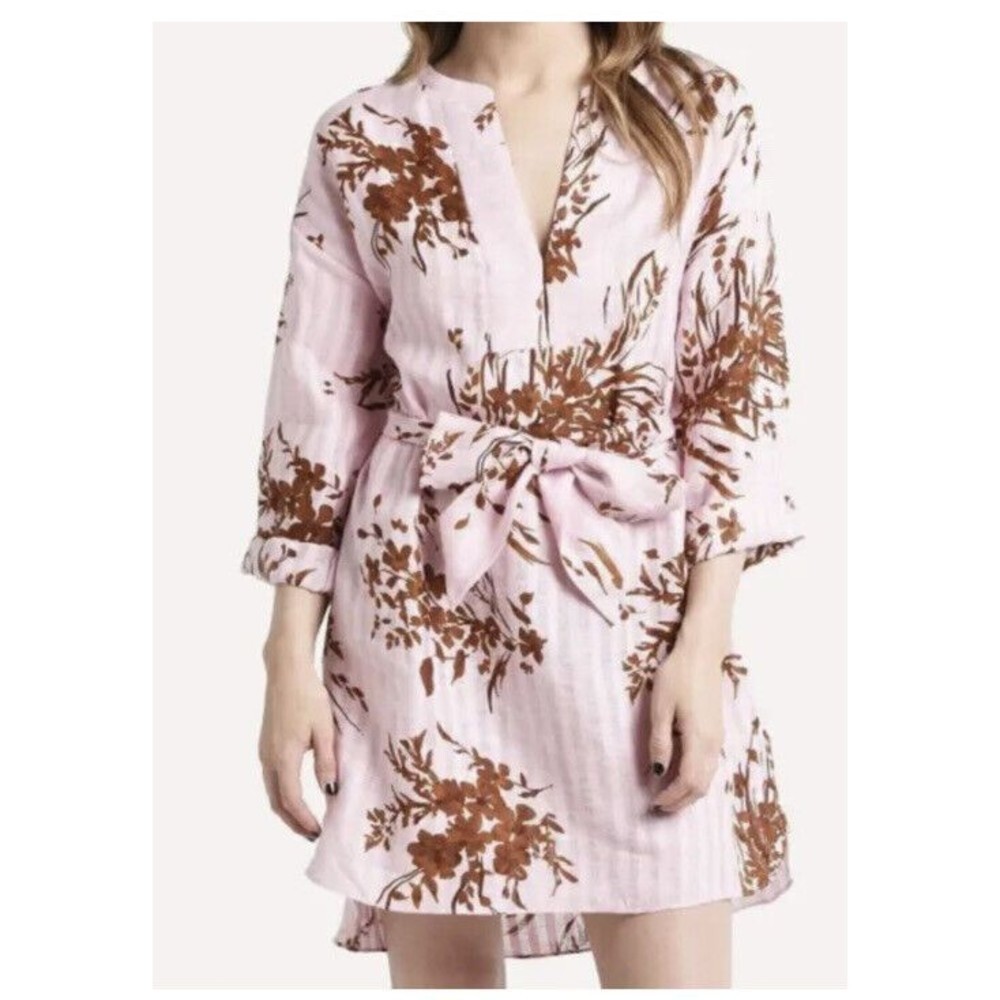 Joie Sundana Floral Long Sleeve 100% Linen Mini Dress Size Medium Pink Brown